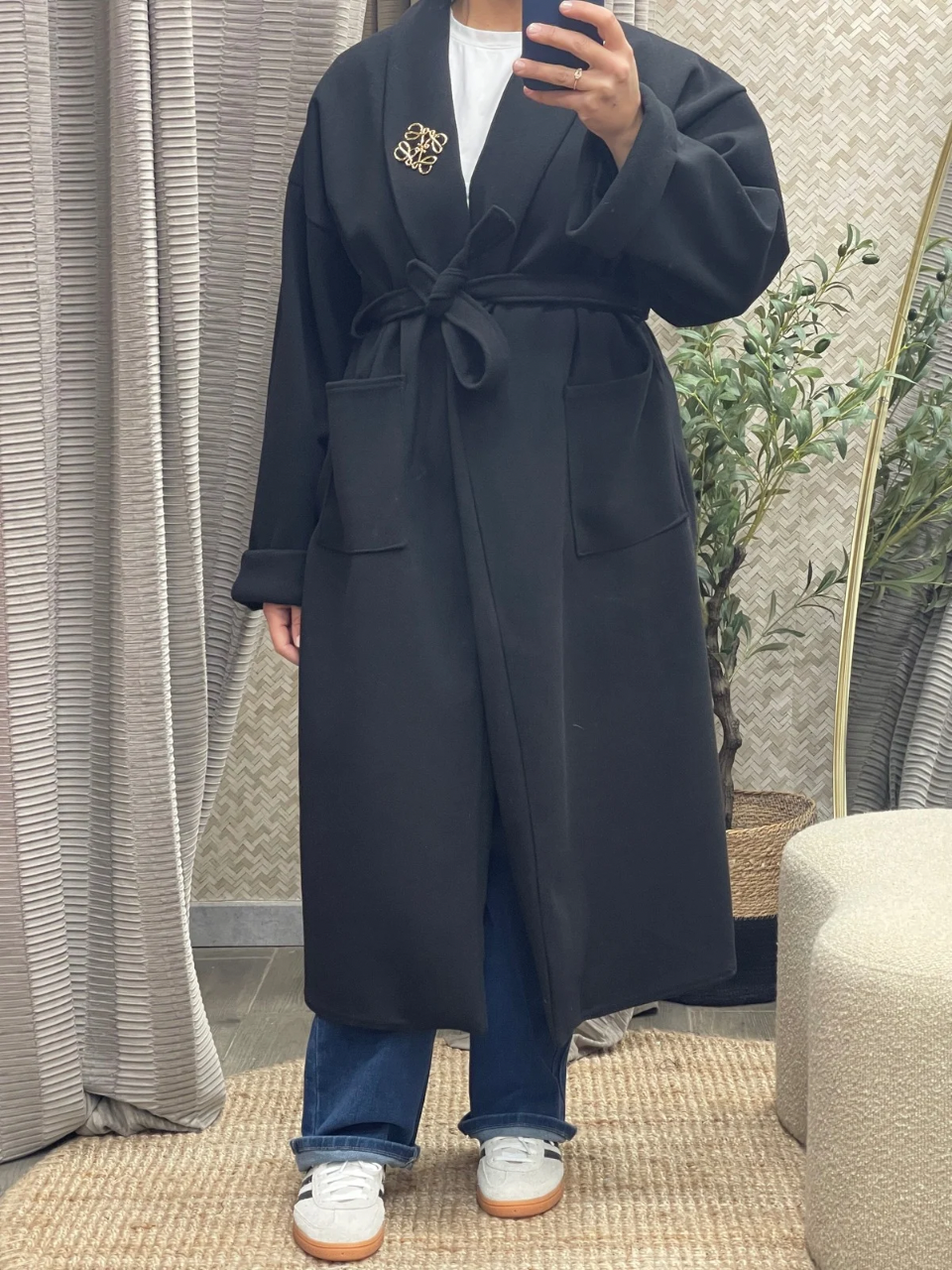 Manteau Long en Matière Tissée avec Ceinture à Nouer