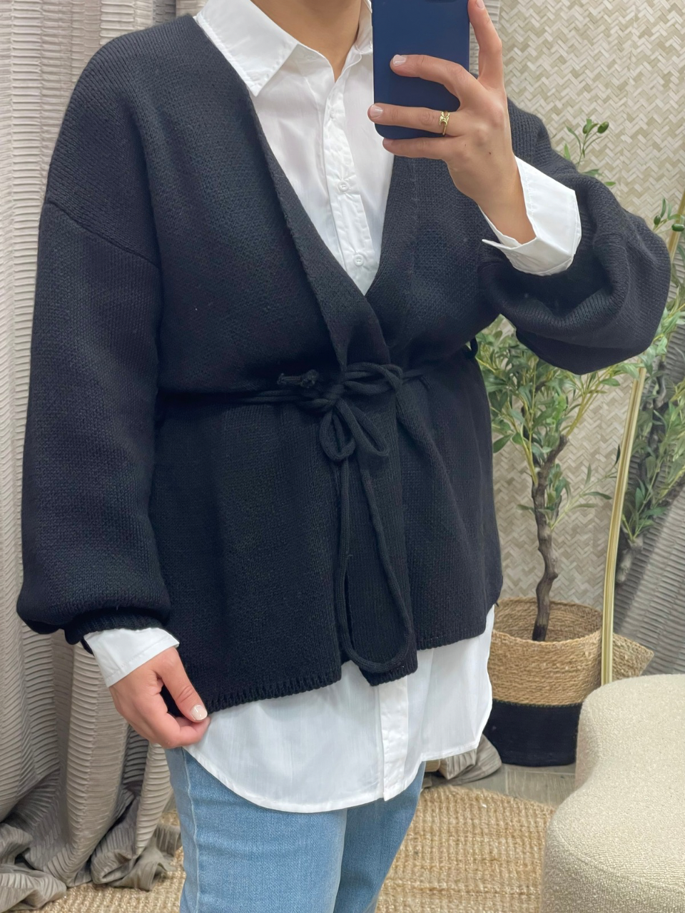 Gilet Oversize Style Kimono avec Passants et Ceinture à Nouer