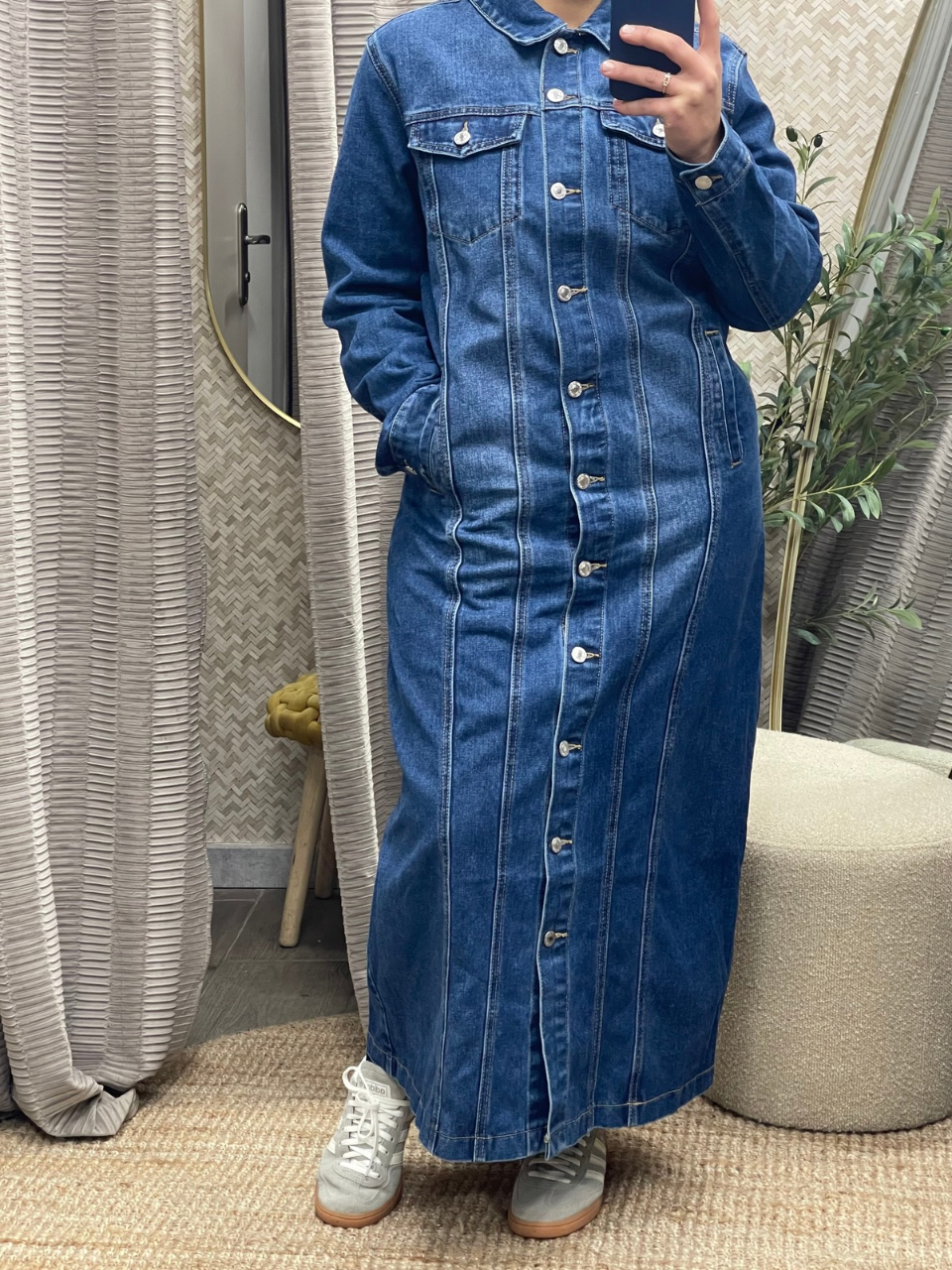 Robe Longue en Jean à Boutons avec Surpiqûres Manal