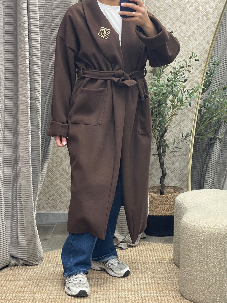 Manteau Long en Matière Tissée avec Ceinture à Nouer