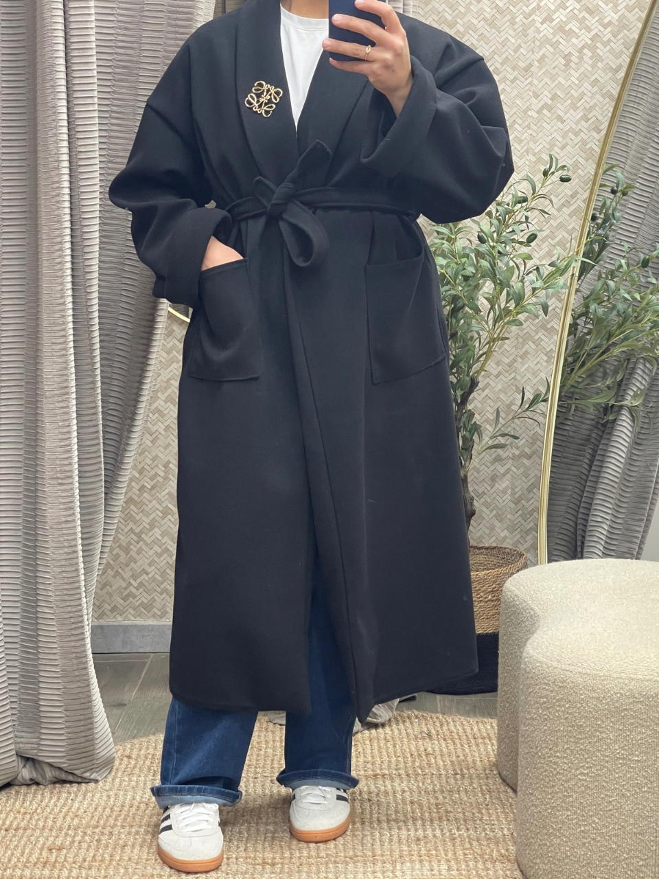 Manteau Long en Matière Tissée avec Ceinture à Nouer