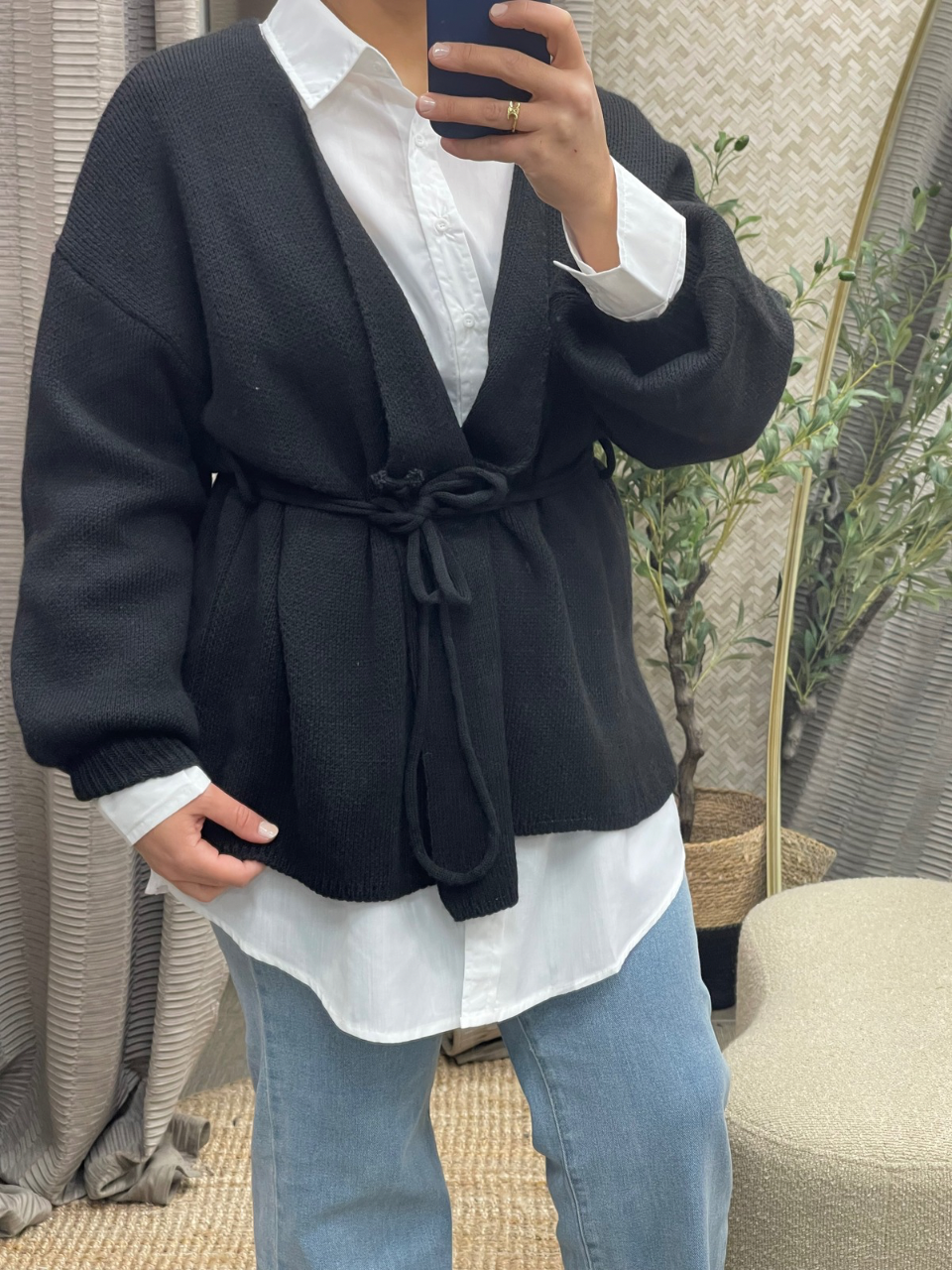 Gilet Oversize Style Kimono avec Passants et Ceinture à Nouer