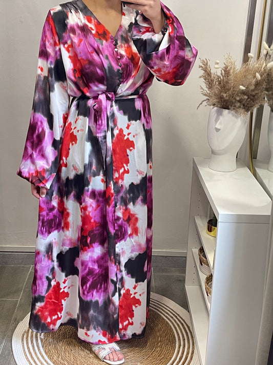 Robe fluide satinée à imprimé effet aquarelle (Rouge/fuchsia)