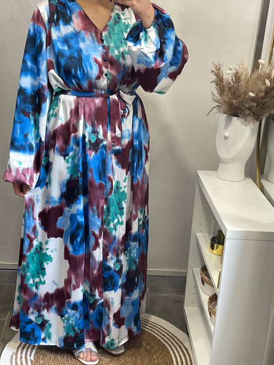 Robe fluide satinée à imprimé effet aquarelle (Turquoise/bordeaux)