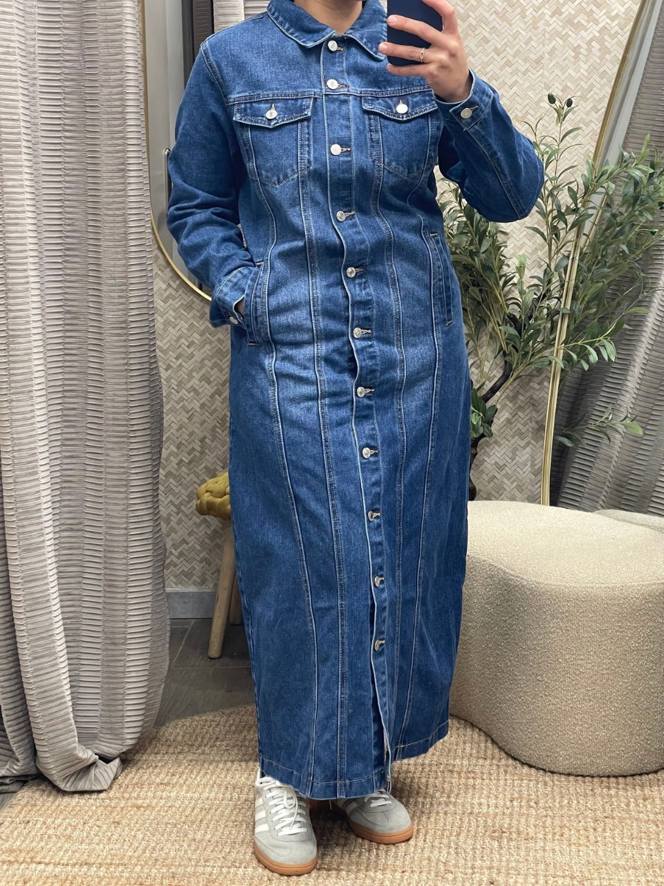 Robe Longue en Jean à Boutons avec Surpiqûres Manal