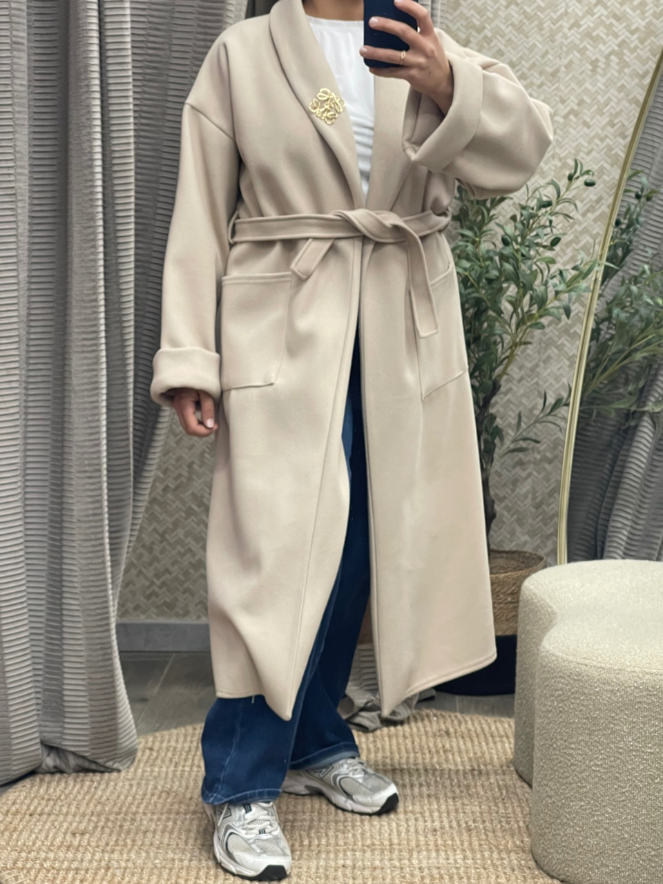 Manteau Long en Matière Tissée avec Ceinture à Nouer