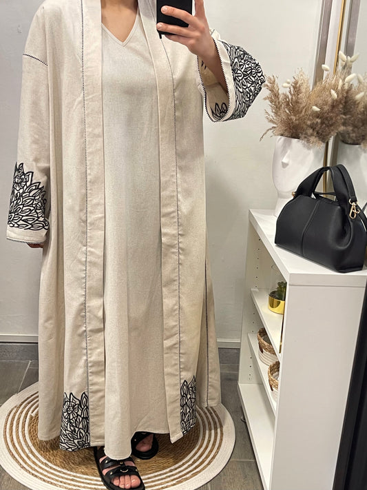 Duo Raffiné – Kimono brodé & robe sans manches assortie (70% coton,30% lin )