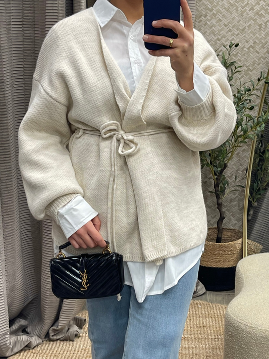 Gilet Oversize Style Kimono avec Passants et Ceinture à Nouer