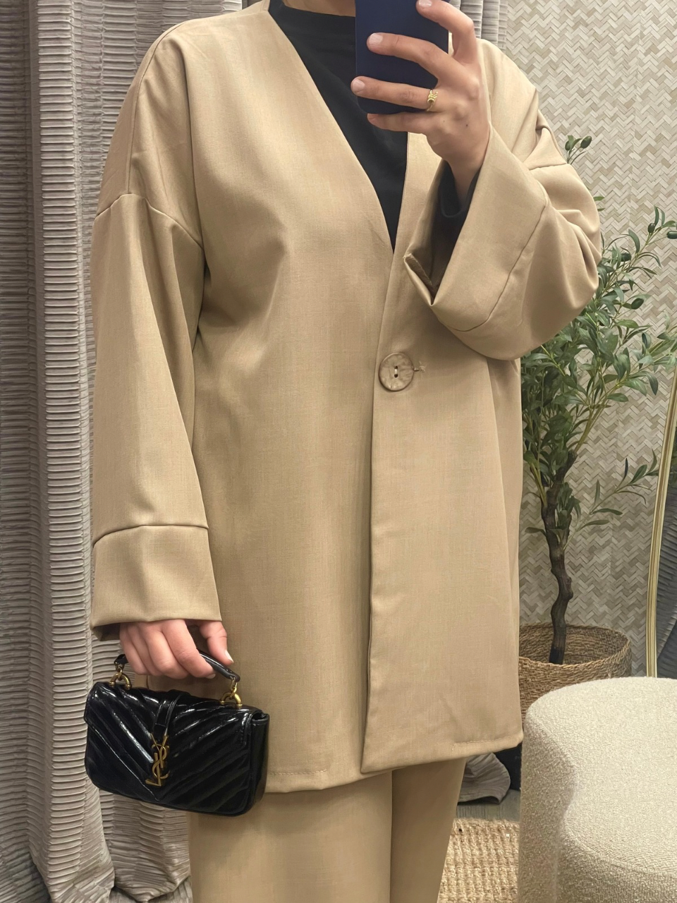 Ensemble 2 Pièces Veste Col V et Pantalon en Crêpe