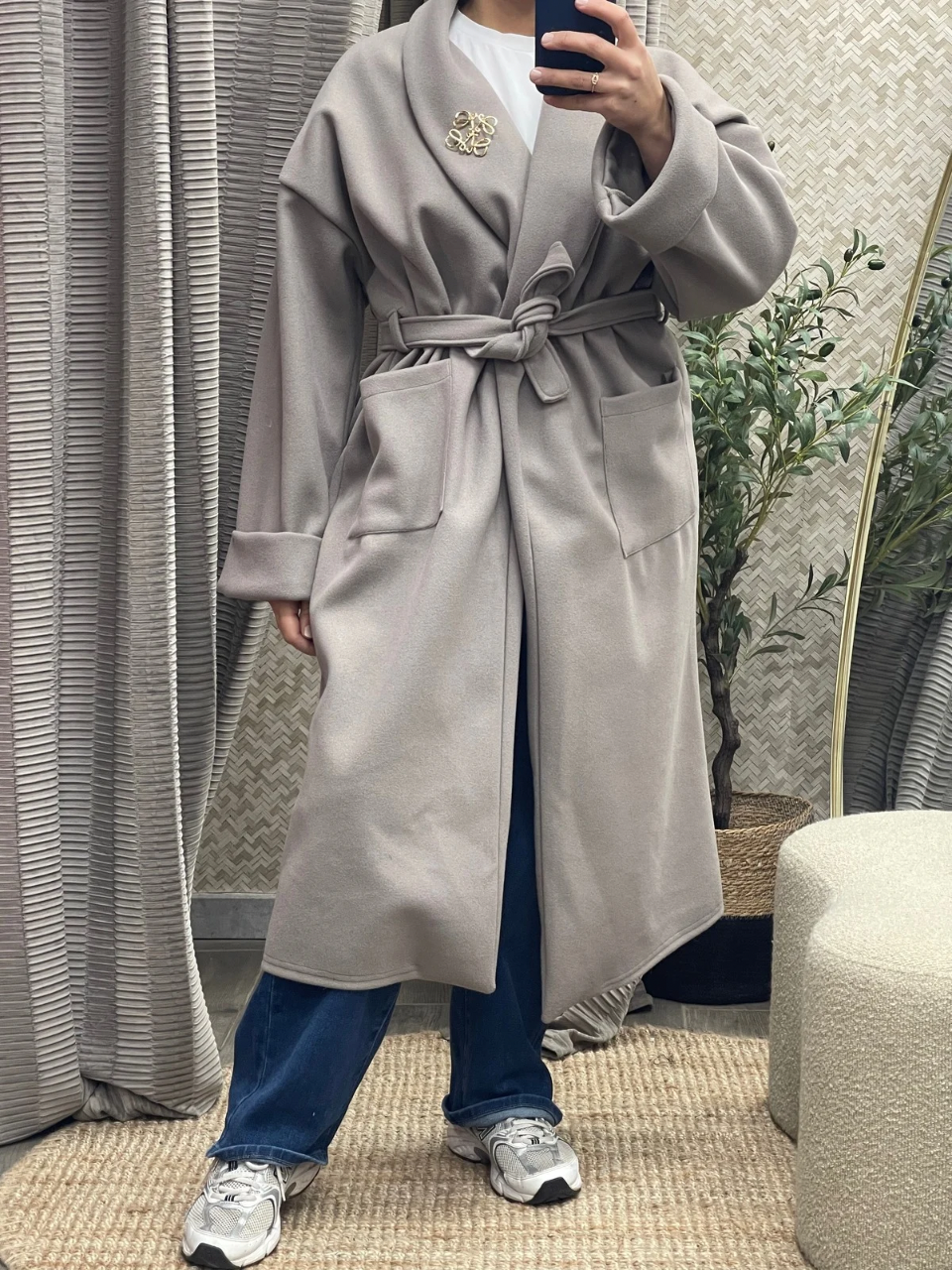 Manteau Long en Matière Tissée avec Ceinture à Nouer