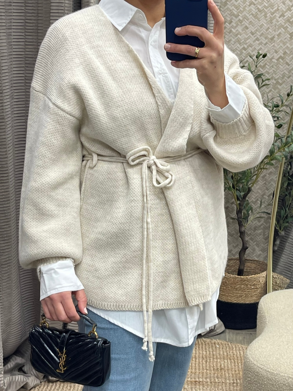 Gilet Oversize Style Kimono avec Passants et Ceinture à Nouer