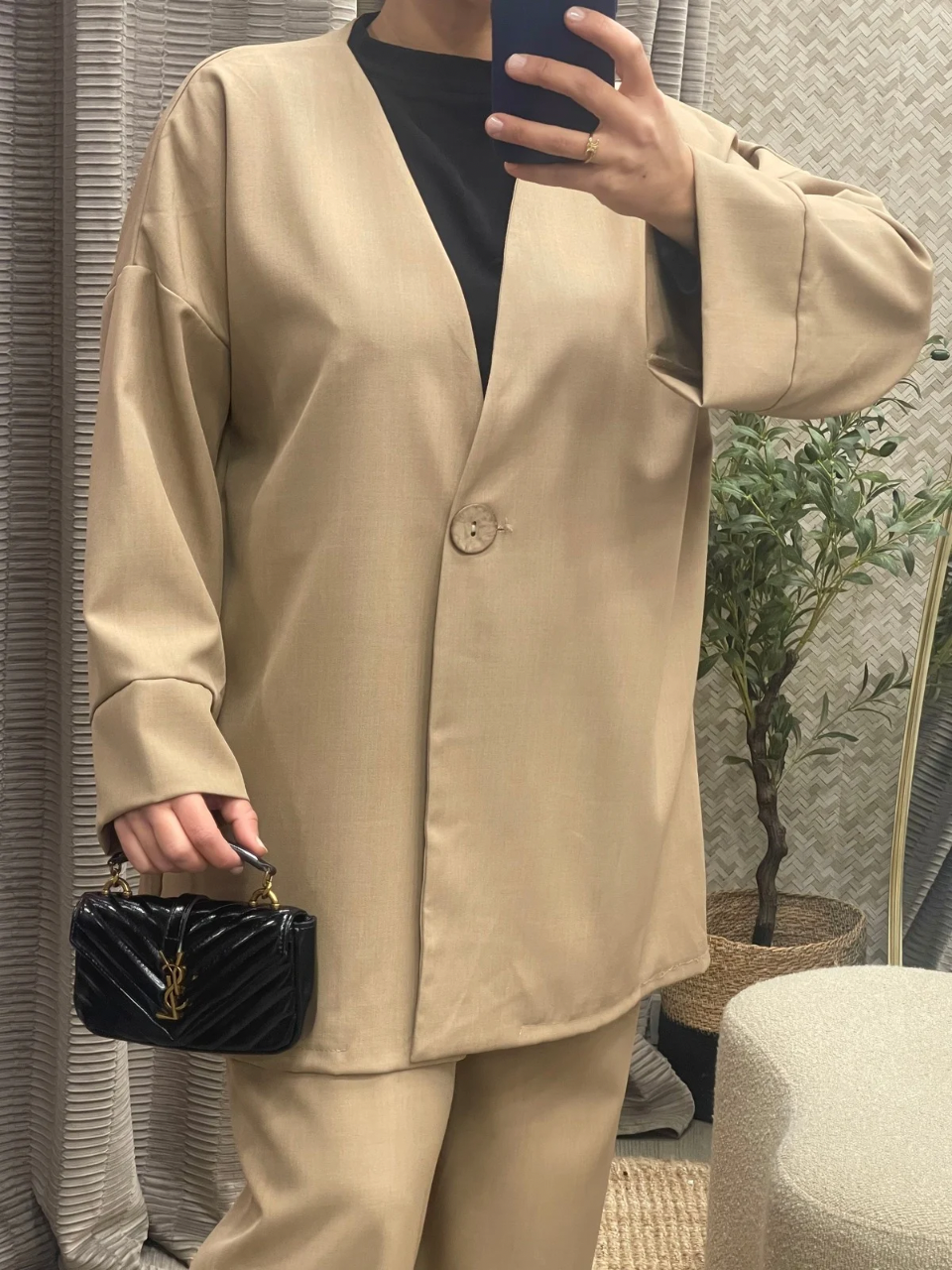 Ensemble 2 Pièces Veste Col V et Pantalon en Crêpe